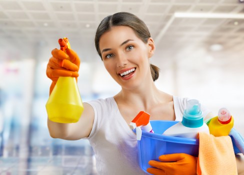 Carpet cleaning team safety equipment and workspace setup