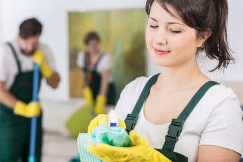 Technician assessing trip hazards before cleaning