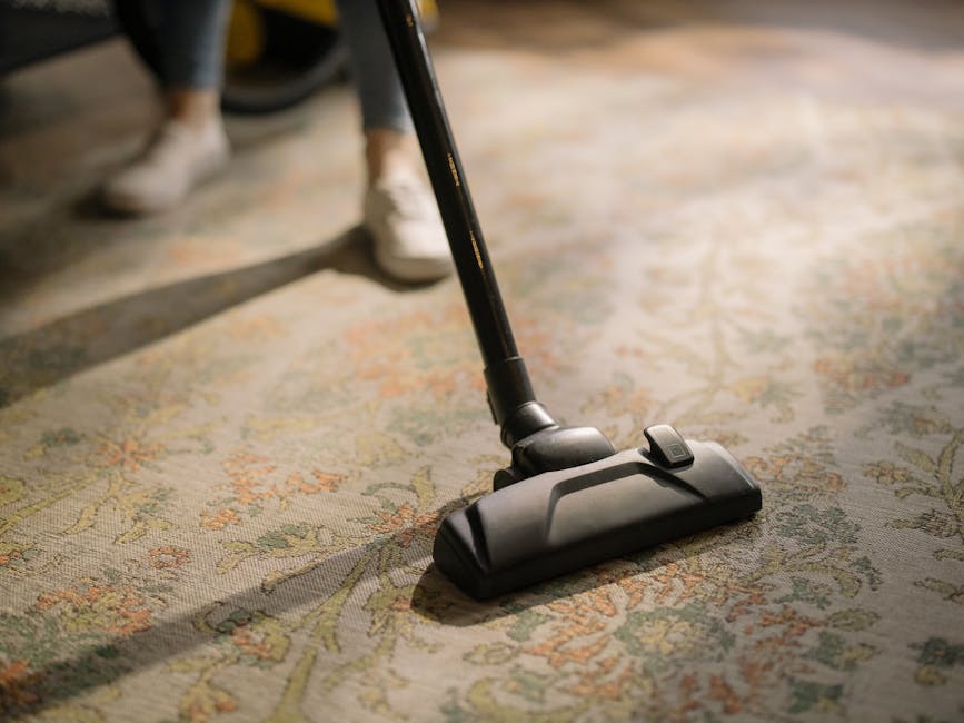 Close-up of a vacuum cleaner head on a patterned area rug in a residential room, with the vacuum's handle extending upward. The rug features intricate floral motifs in muted pastel tones, and the surf